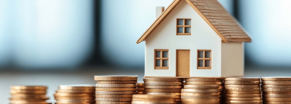 Stapels met munten waarop een huis staat