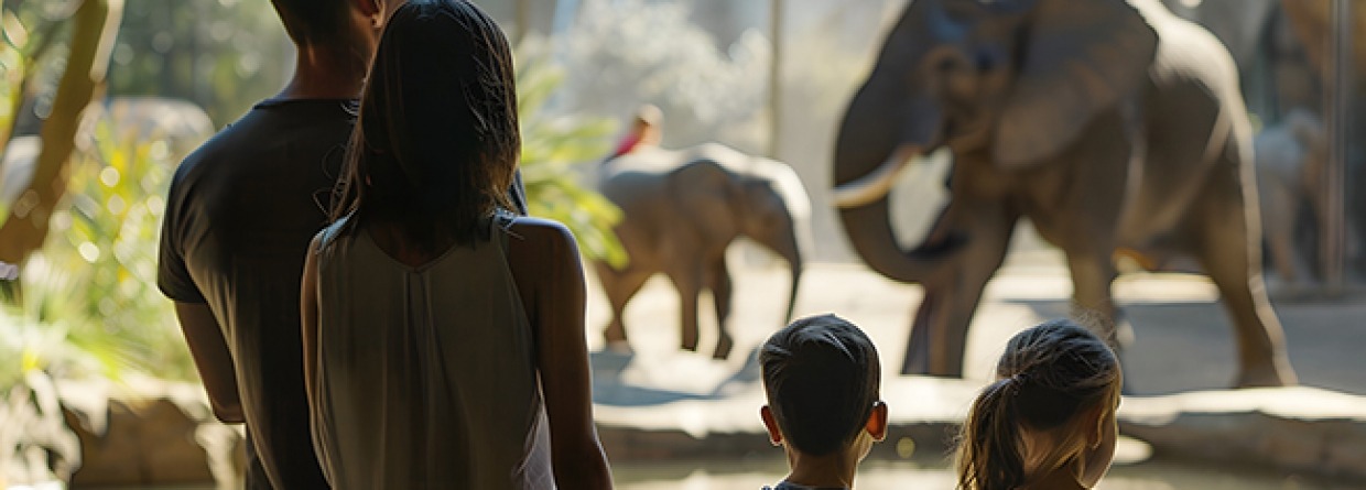 Een familie in de dierentuin omringt door dieren en natuur