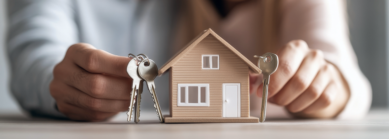 Een blij stel houdt de sleutels van hun woning vast met op de voorgrond een afbeelding van een huis