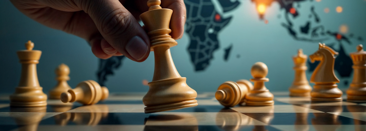 Prinsjesdag geopolitiek; op de achtergrond een wereldkaart en op de voorgrond een schaakstpel met een hand