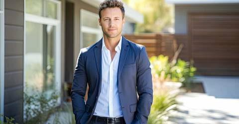 Ondernemer staat voor een woning